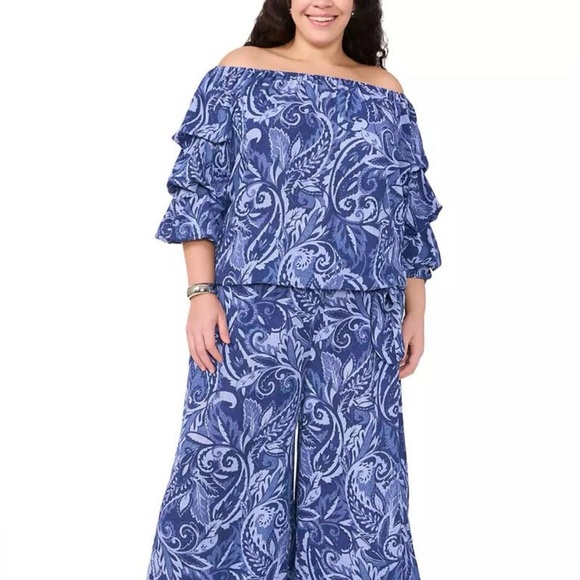 Vince Camuto Pants - Vince Camuto Blue Patterned Off-Shoulder set pants blouse